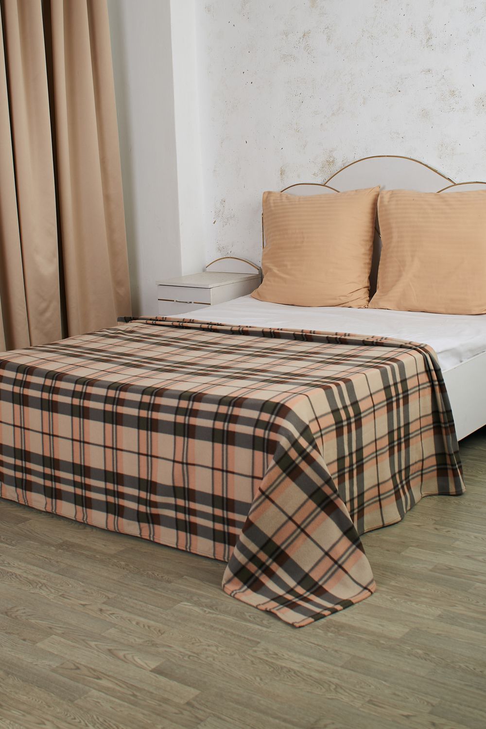 Плед флисовый клетка - коричневый