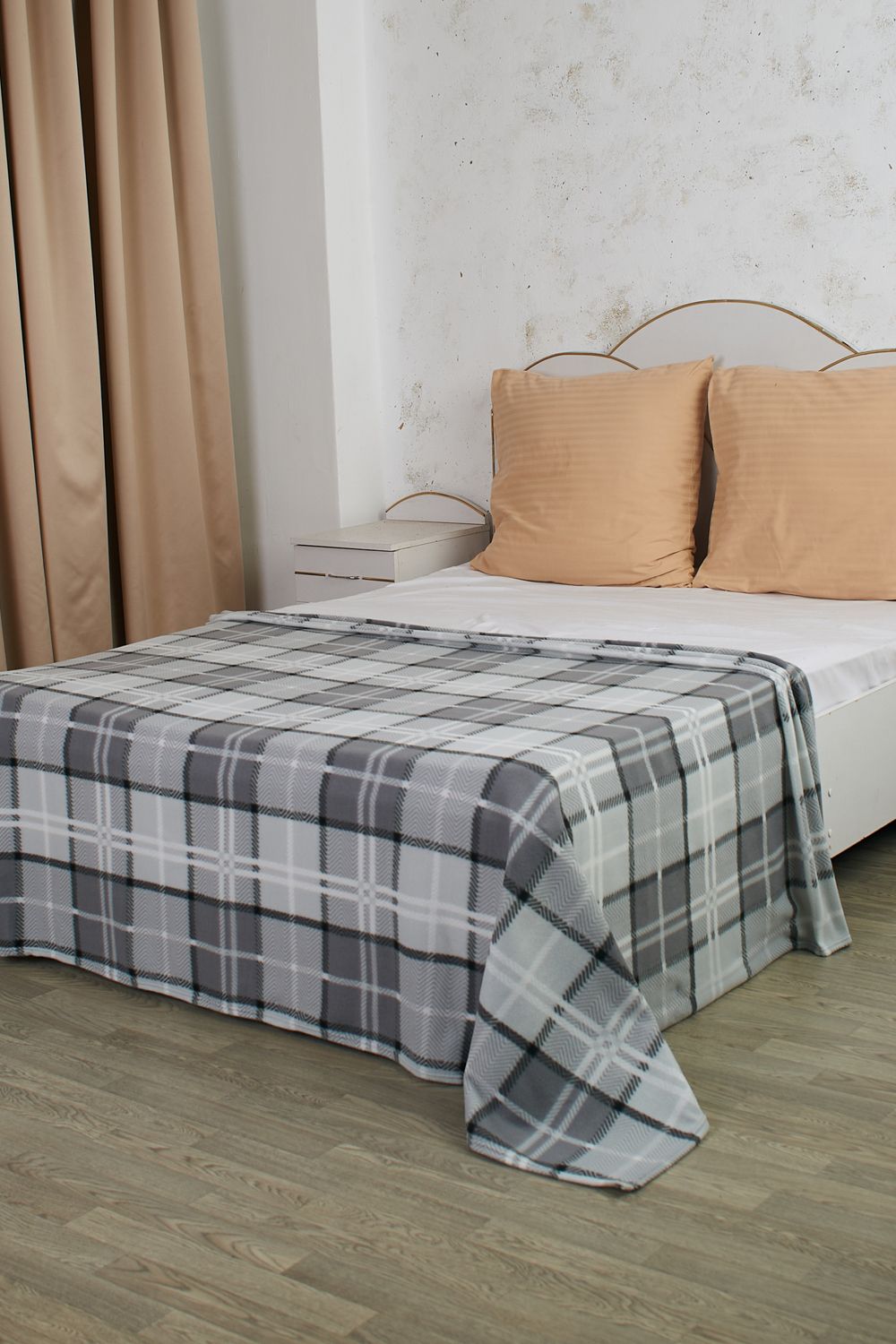 Плед флисовый клетка - серый