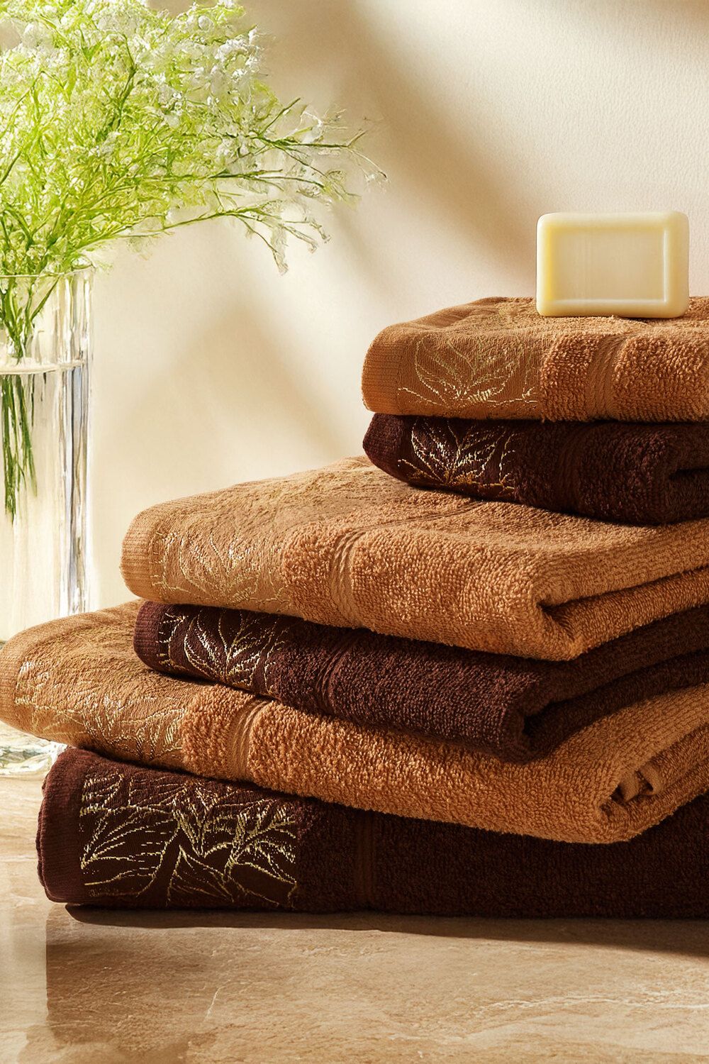 Набор махровых полотенец Листья 6 шт. - коричневый