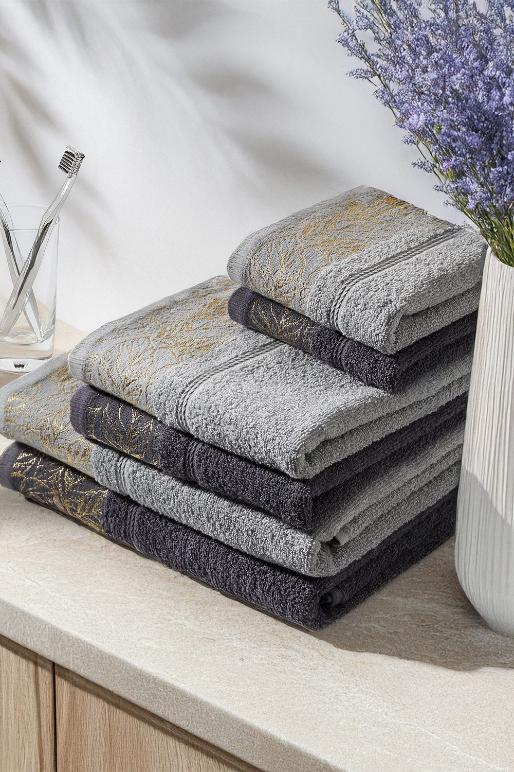 Набор махровых полотенец Листья 6 шт. - серый