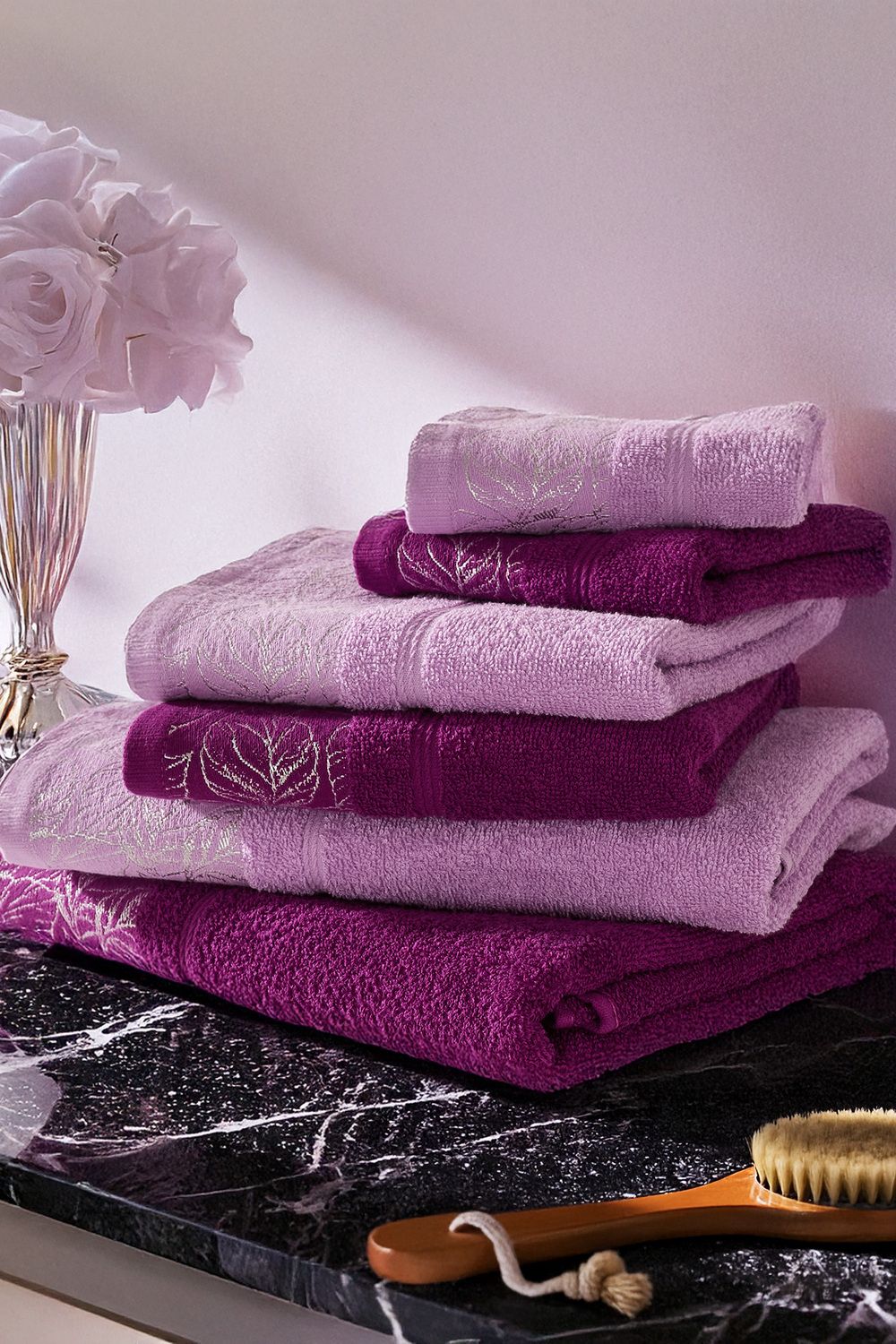 Набор махровых полотенец Листья 6 шт. - фиолетовый