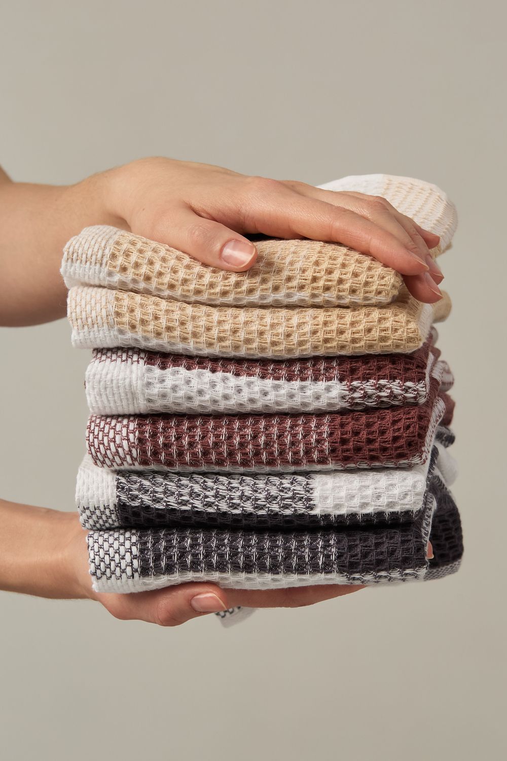 Набор вафельных полотенец Квадро 6 шт. - бежевый/клетка