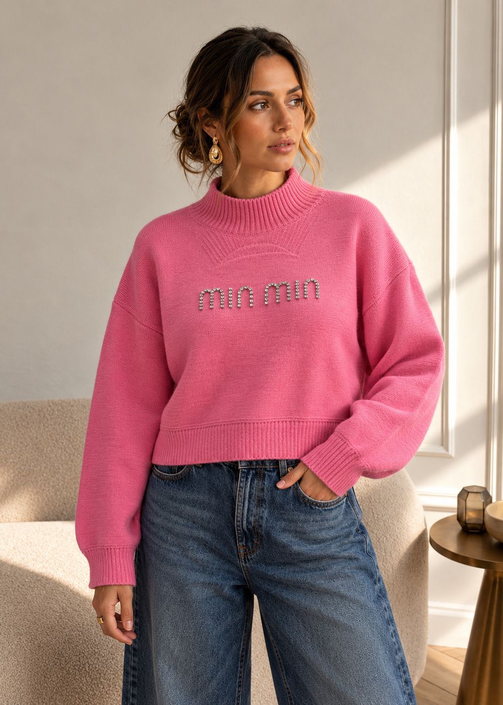 Теплая кофта с камнями Crystal Crop арт.102-1, - розовый